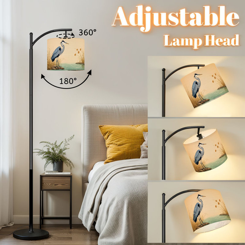 Lampe sur pied à arc avec abat-jour réglable Heron gris debout étang tranquille de roseaux Lampe sur pied à faune douce rétro 3 températures de couleur à haut gradateur avec interrupteur au pied pour la chambre à coucher