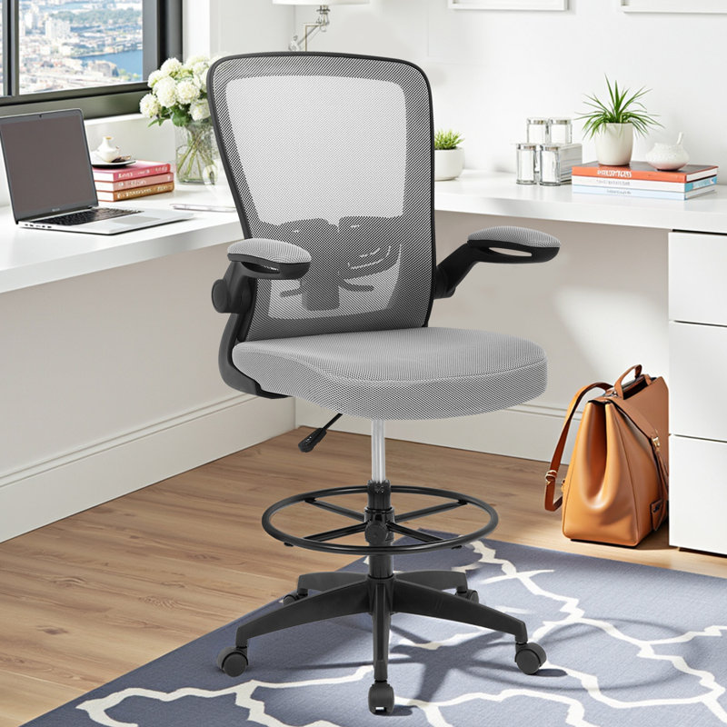 Drafting Chair Ergonomic Tall Office Chair Adjustable Height Computer Chair With Lumber Support Mid Back Task Mesh Desk Chair With Flip Up Arms Footrest Drafting Swivel Stool For Standing Desk, Grey
