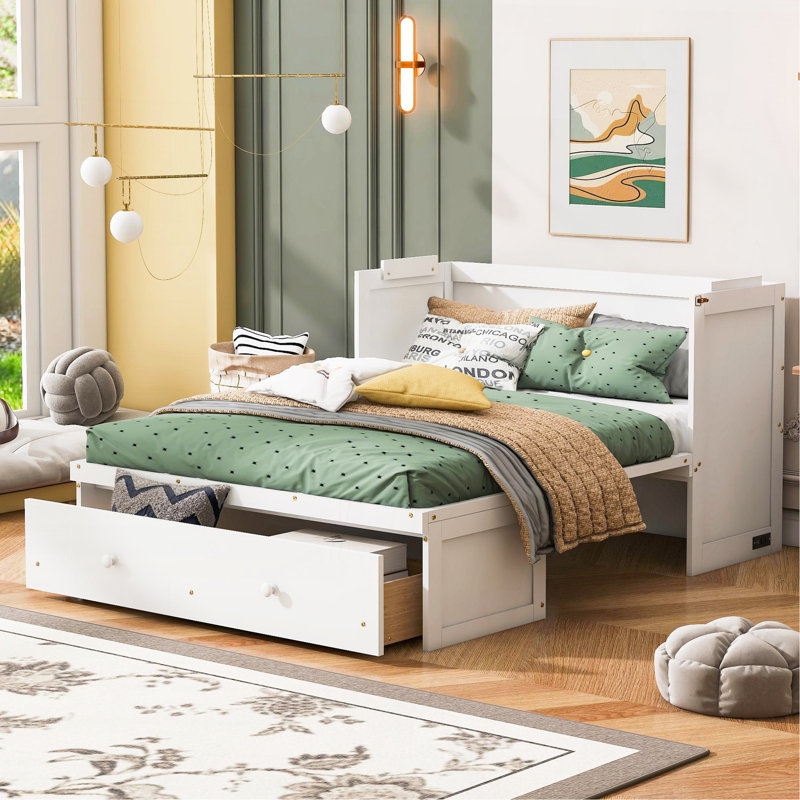 Lit escamotable double avec port USB et grand tiroir, blanc, Lit double, Blanc