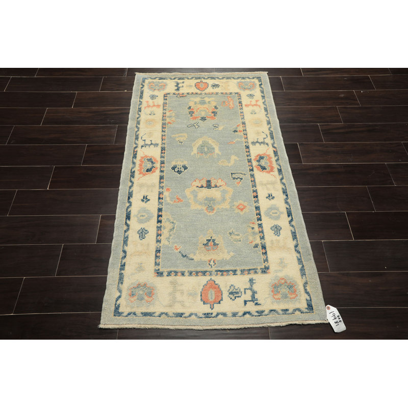 Tapis transitionnel Oushak bleu clair en laine noué à la main 3 x 5