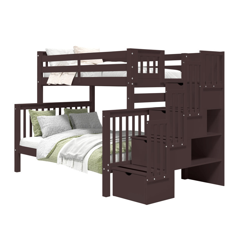 Tena Solid Wood Standard Stairway Bunk Beds Twin over Full, 4 Drawers in the Steps, Dark Cherry, Dark Cherry, Twin over Full