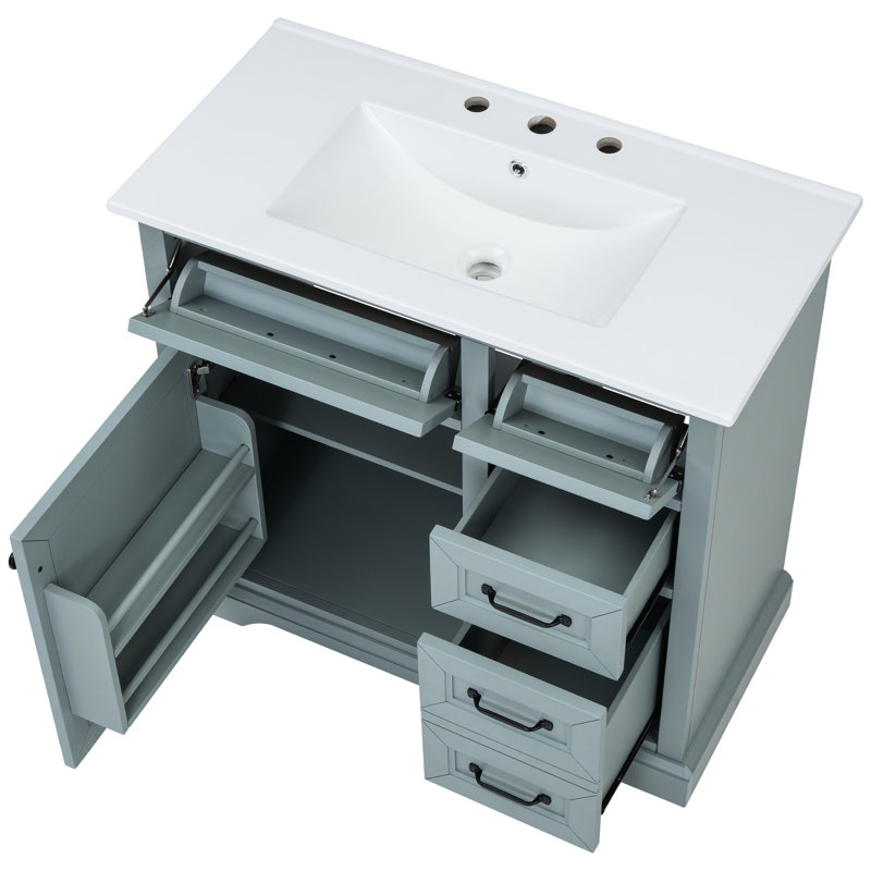 Meuble-lavabo de 36 po, lavabo en céramique gris, 4, porte en céramique, charnière de porte silencieuse