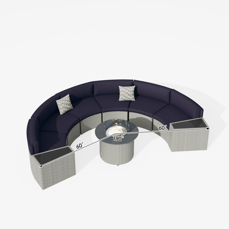 Ensemble de conversation courbé demi-lune pour 6 personnes avec table de foyer et table d'appoint Meredithe, Bleu marine