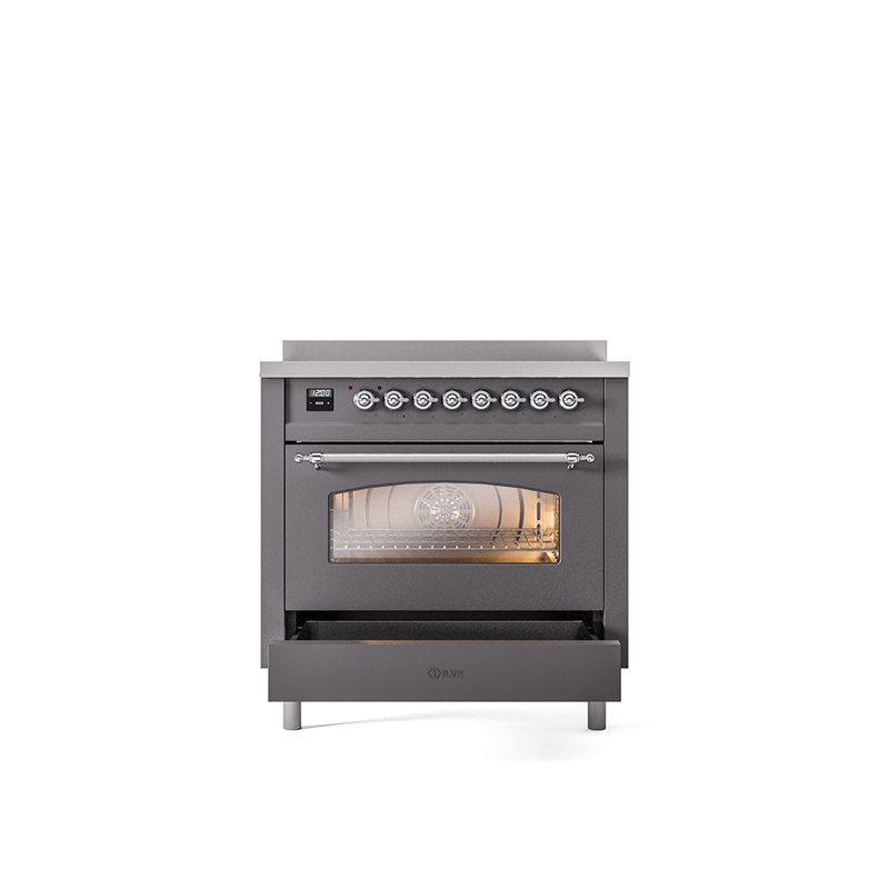 Cuisinière à induction 36 pouces avec 6 éléments à induction ILVE Nostalgie II Series (porte en verre), Graphite mat / chrome