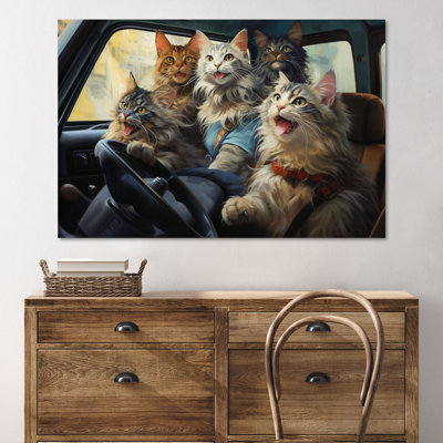 Cats On Car Gallery Wrapped Canvas - Pet Illustration Decor, Brown And Grey Home Decor