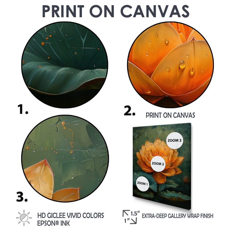 Orange, vert, vibrant, réveil, lotus, lotus, art mural, salon, Toile tendue, H 16 po x l 32 po