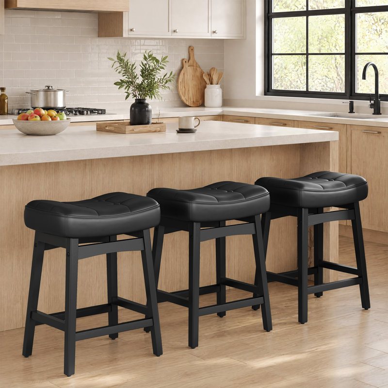 Tabouret de bar rembourré en forme de selle avec cadre en bois massif (ensemble de 3), noir simili cuir / Noir, 3