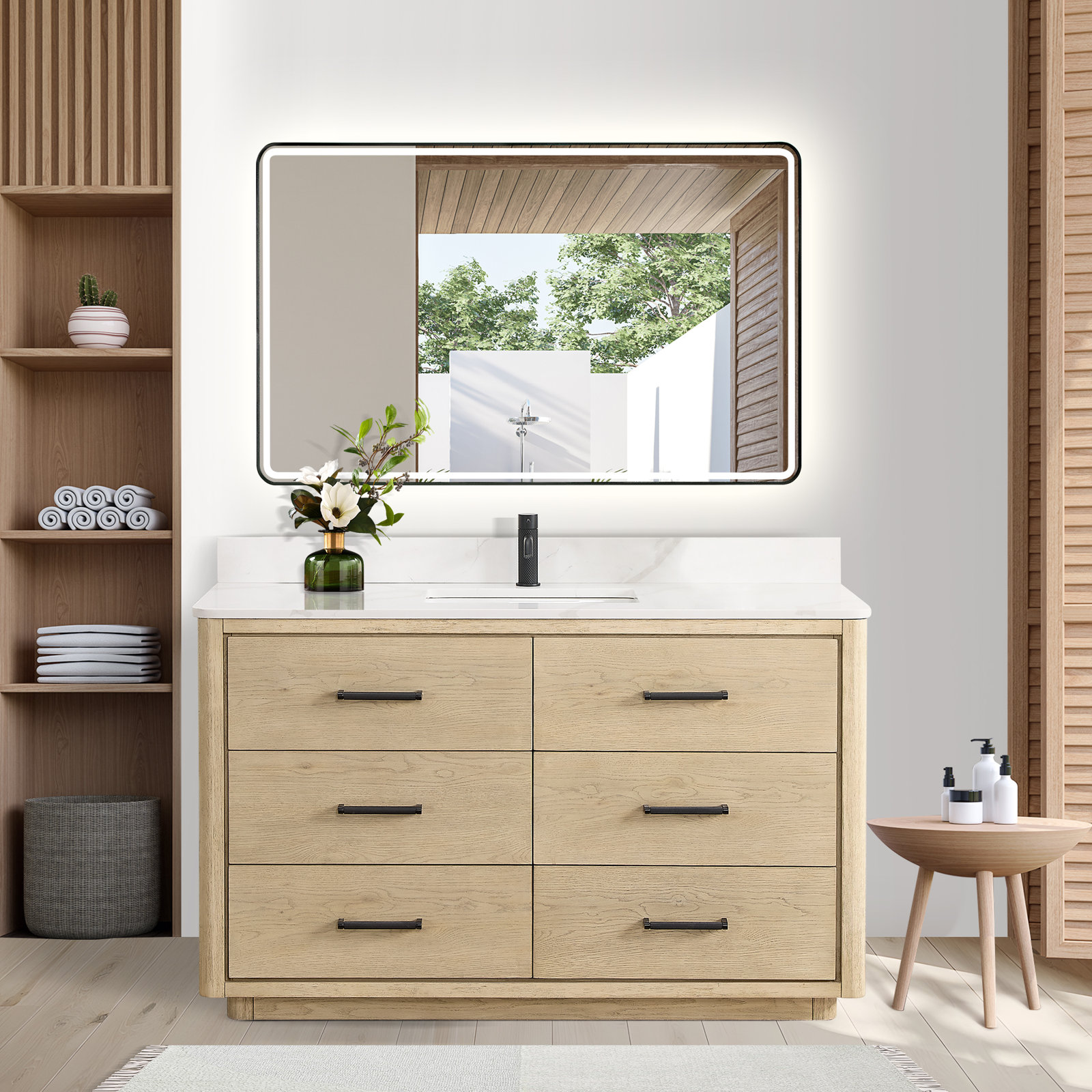 Porto 55'' Single Bathroom Vanity, Natural Oak, Matte Black