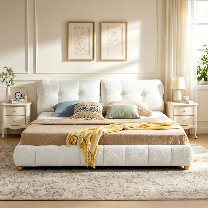 Structure de lit plateforme très grand et très moelleux en tissu crème blanc très grand, lit capitonné Cloud Bubble avec support à lattes solides
