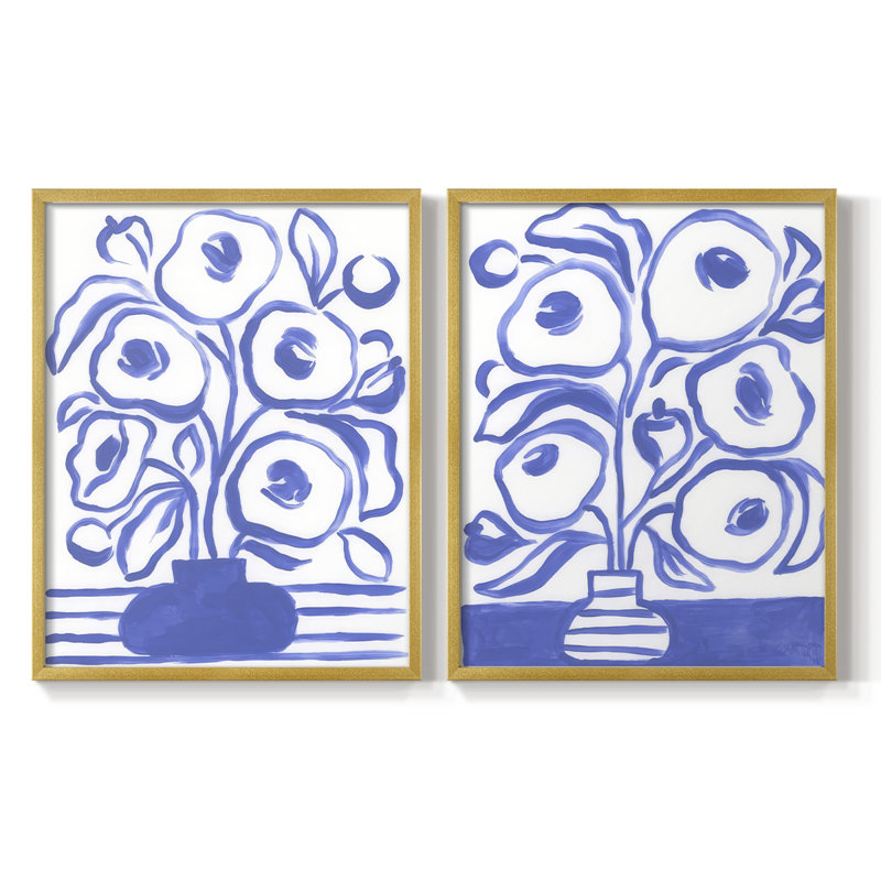 «Blue Brush Flowers I», reproduction encadrée de qualité supérieure - prête à être accrochée - aucun clou requis - aucun clou requis
