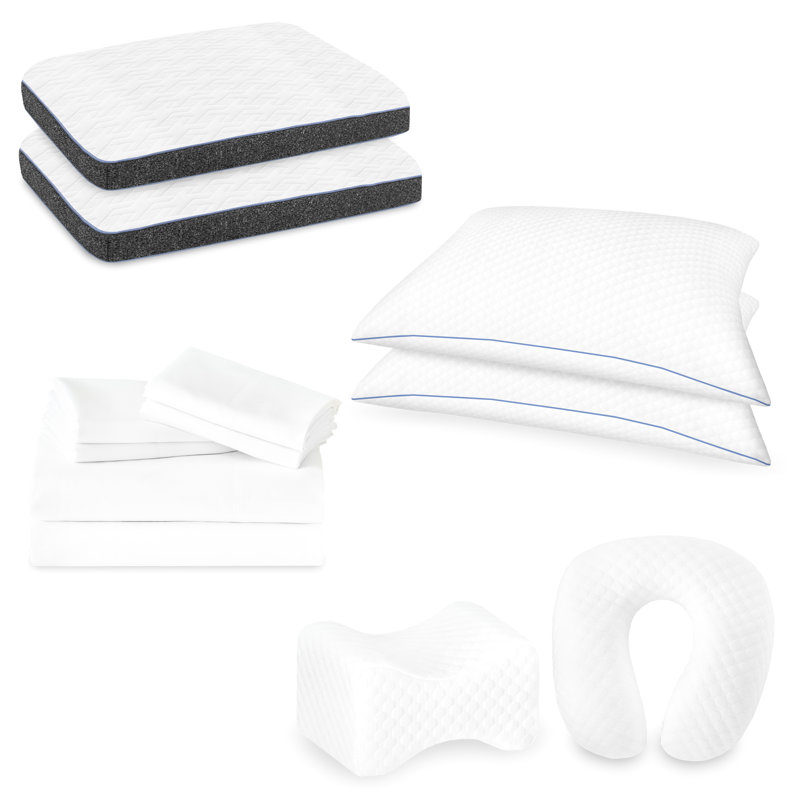 12 lits, grand lit. Mousse à mémoire de forme, oreillers en mousse déchiquetée, oreiller Contour Knee, draps en coton avec traversin 300Tc. Rehaussez le gousset moulé avec une nuit de sommeil