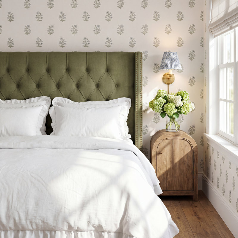 Knighten Upholstered Headboard, King, Zuma Laurel Textured Linen
