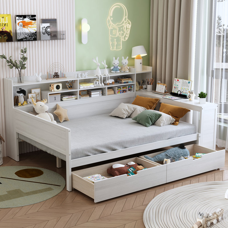 Wooden Full Size Daybed With Storage Shelves, Two Drawers And Study Desk, Antique White, Full