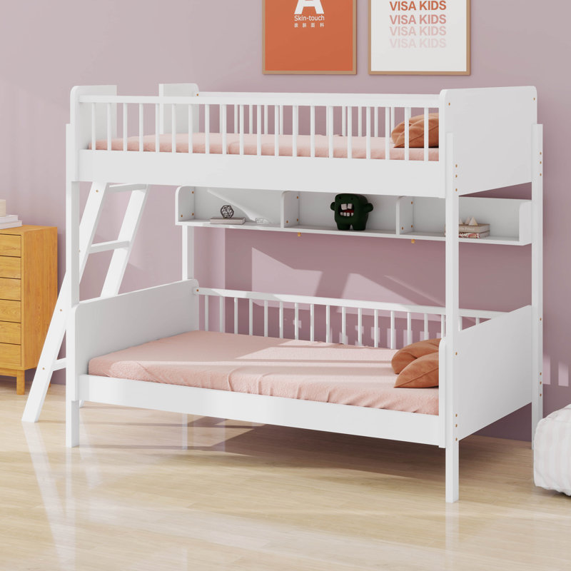 Lit superposé en bois avec tablettes de rangement et échelle, Blanc