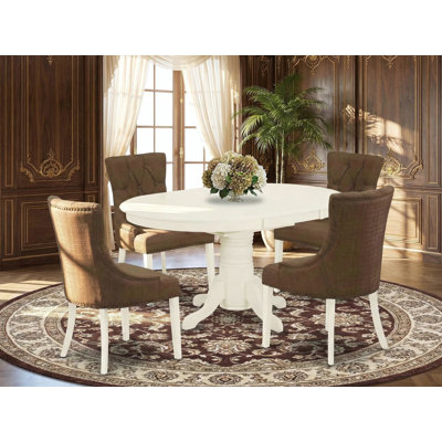 5 Piece Dining Room Furniture Set Includes an Oval Wooden Table with Butterfly Leaf and 4 Brown Linen Fabric Parsons Chairs, Linen White