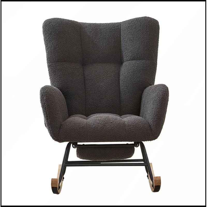 Ensemble chaise berçante à bascule en tissu Teddy avec repose-pieds et poche de rangement latérale, base en bois massif.