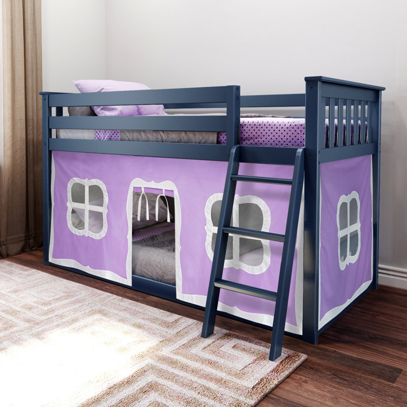 Mendelson Kids Low Bunk Bed with Curtain, Blue, Purple