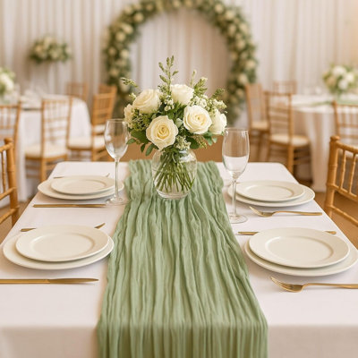 12 Pack Sage Green Cheesecloth Table Runners – 10FT Rustic Gauze Bulk Set for Wedding Reception, Woodland Baby Shower, Garden Party, or Boho Spring Event Decor