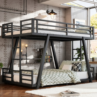 Twin Xl Over Twin Xl Floor Bunk Bed With 2 Side Ladders, Metal Bunk Bed With Spdcial Support Leg Design,heavy-duty Bunk Bed For Teens, Adults,kids, Black
