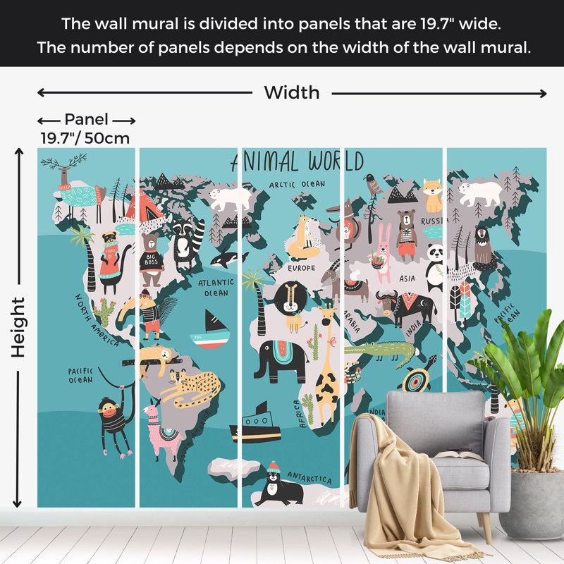 Papier peint pour enfants, carte du monde avec des animaux, L 124 po x l 177 po