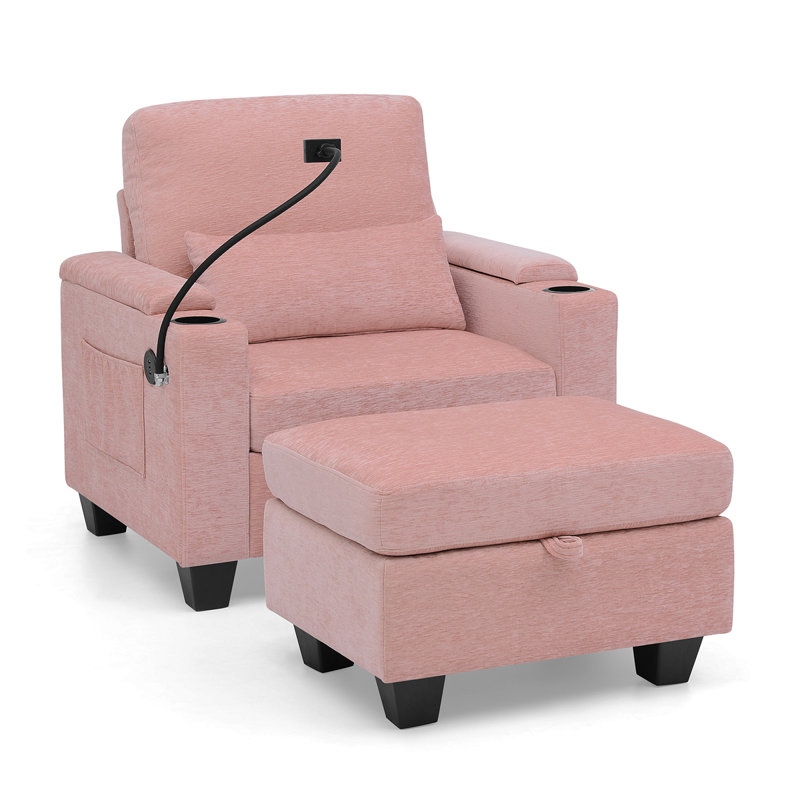Canapé inclinable simple avec dossier réglable manuellement, port de charge USB sur le côté de l'accoudoir, support pour téléphone inclus, rangement caché pour l'accoudoir et repose-pieds de rangement assorti - rose