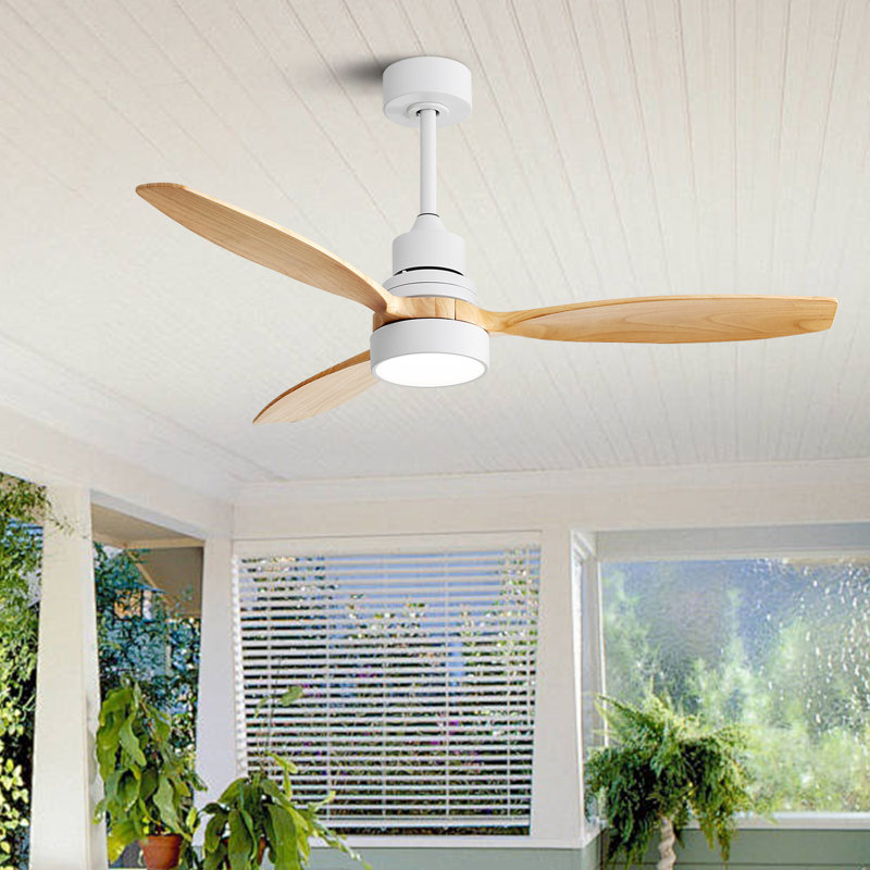 Kemp 52" 3-Solid Wood Blade Propeller Modern Ceiling Fan With LED Lights, Remote, White with Solid Blades