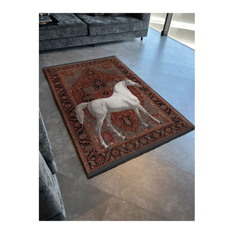 Tapis décoratif beige moderne à motif cheval foncé et beige, Tapis de couloir 2 pi 6 po x 6 pi 7 po inclus