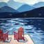 Lake Dock Mountains Chairs - reproduction d'art classique encadrée-1164751979-1164751976