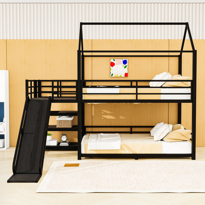 Charming House-Shaped Bunk Bed With Slide, Stairs And Built-In Storage, Full over Full