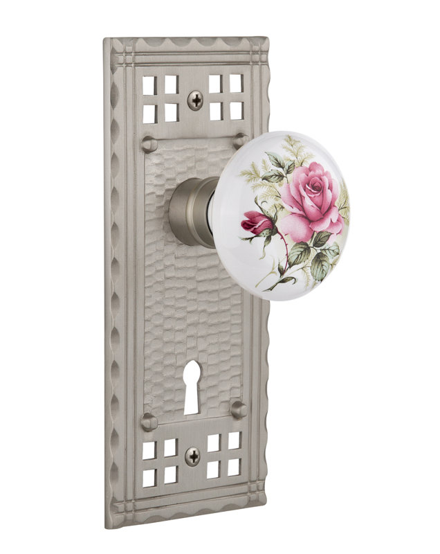Assiette artisanale avec trou de serrure décoratif et bouton de porte en porcelaine blanche, Nickel satiné