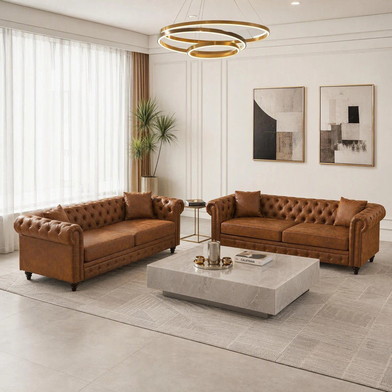Ensemble canapé 3+3 places, canapé Chesterfield moderne du milieu du siècle, revêtement en tissu technique, canapé à accoudoirs roulés en tissu de haute technologie avec 4 coussins