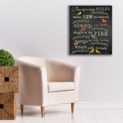 «Camping Rules Blackboard Birds» par Jean Plout, art mural sur toile, 26 po x 30 po