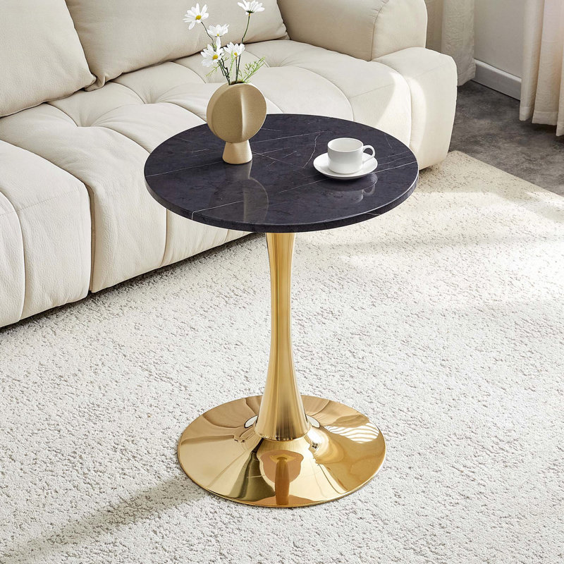 23.6" Round Tulip Table - Faux Marble, Pedestal Base, 2-4 Seats, 28.3" H x 23.6" W x 23.6" D, Black/Gold