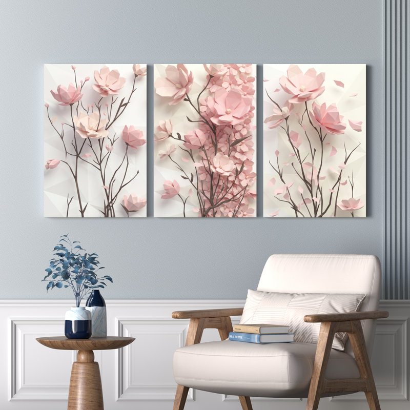 Fleur de cerisier rose, reproduction d'art sur toile tendue sur toile, ensemble de 3 décorations pour salon