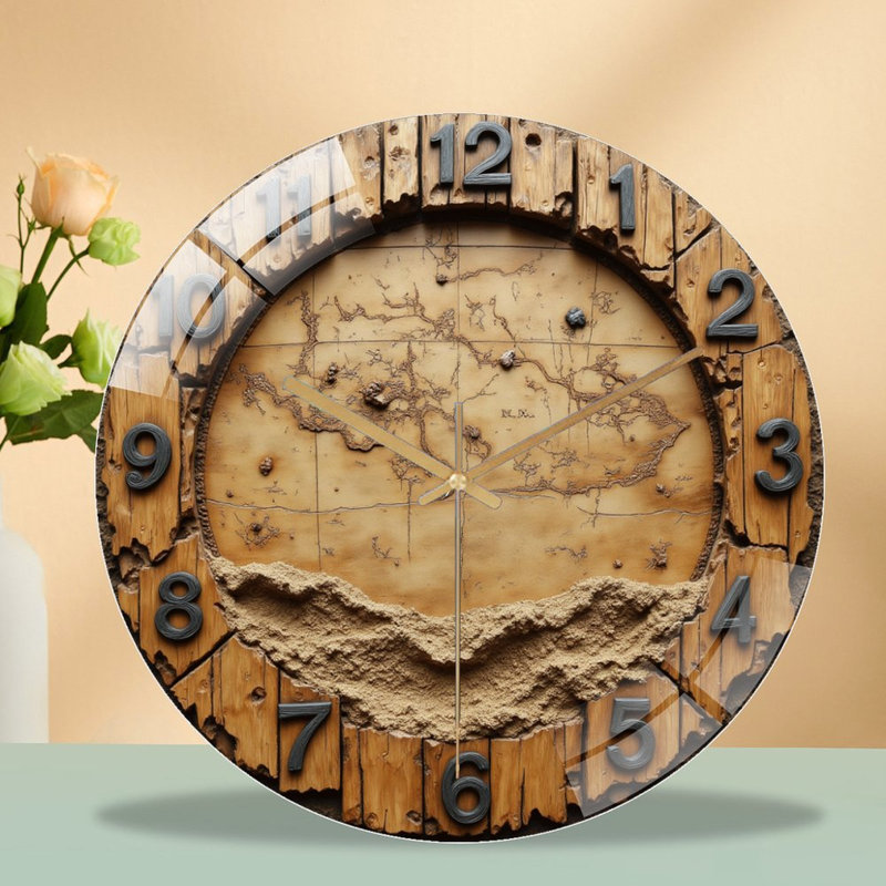 Vintage Wooden Map Wall Clock Rustic Home Decor Art - 12'' Modern Glass Wall Clock