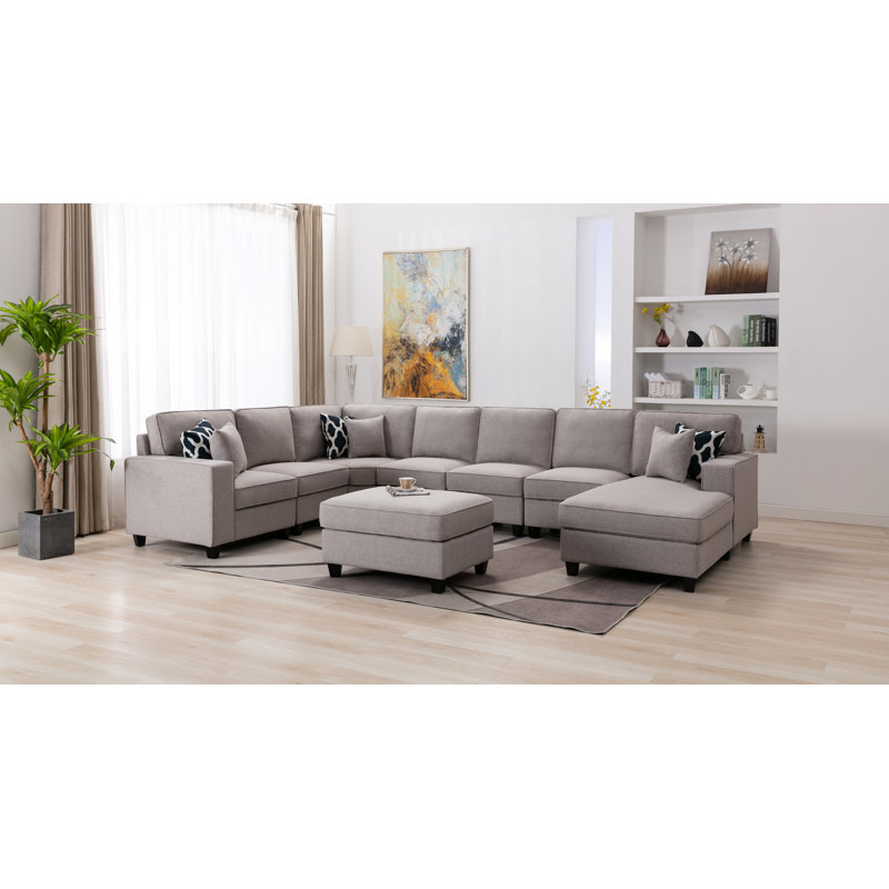 Dhrish Right Hand Facing Modular Seating Component Sectional with Ottoman, Light Gray Polyester, 36"H x 165.7'W x 106.6"D