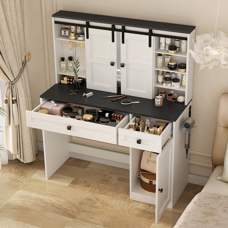 Coiffeuse Farmhouse avec miroir lumineux et tiroir de maquillage