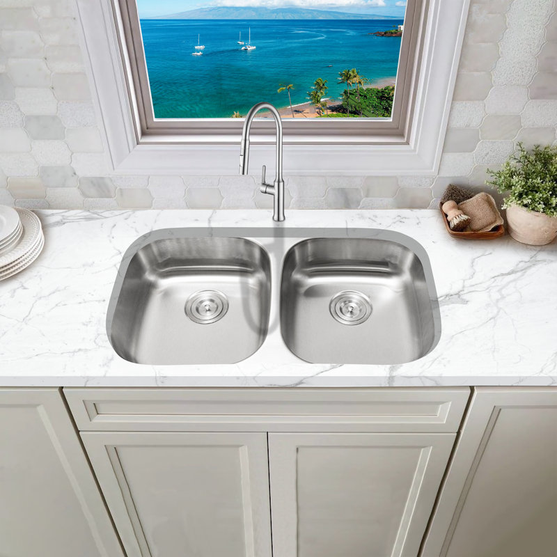 KBFmore Bowl Stainless Steel Kitchen Sink with Accessories, 32"L x 18"W x 5.5"H - Double Bowl, 3 Piece