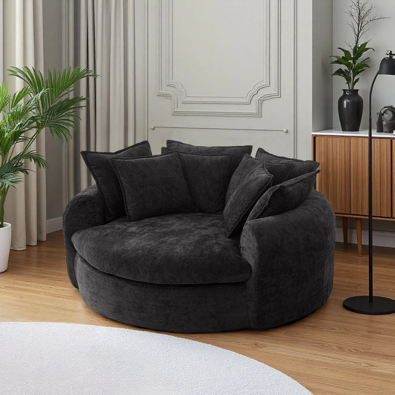 59.8" W Oversized Chenille Upholstered Boneless Round Barrel Chair with 8 Matching Pillows, Black
