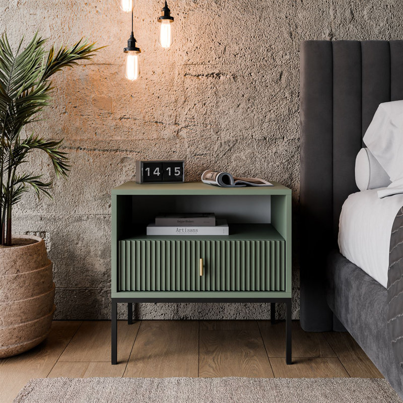 54cm W Particle Board / Chipboard Bedside Table, Smoke Green