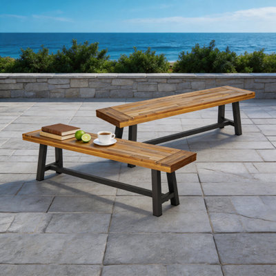 Natural Acacia Wood Outdoor Bench, Modern Patio Bench with Industrial Metal Frame