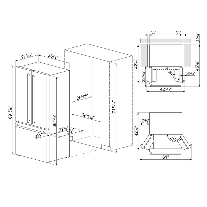 36" Freestanding FD W/Handles, Auto Ice Maker, Internal Water Dispenser