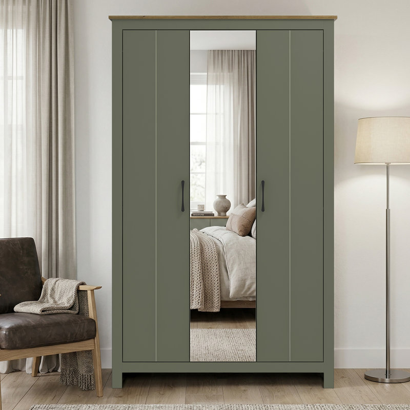 Brayden Studio 3 Door Wardrobe with Mirror, Kale Green/Reviera Eichi