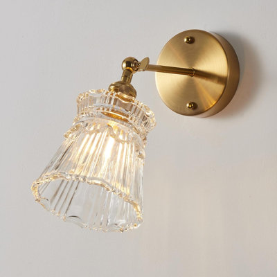Vintage Wall Sconce With Adjustable Clear Striped Glass Shade, Hardwired Brass Finish With Switch