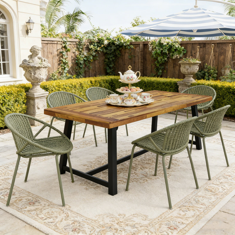 Ensemble de salle à manger d'extérieur moderne 7 pièces avec chaises empilables et table en bois d'acacia durable, Vert