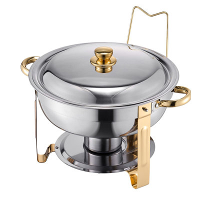 Round Chafing Dish 5 Qt Stainless Steel 4-Piece Buffet Server Set Gold with Folding Stand and Meal Clip