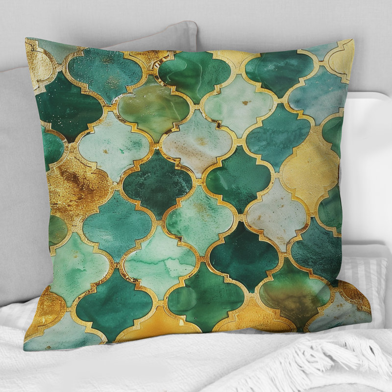Coussin décoratif à carreaux vert or et mosaïque dorée V, H 18 po x l 18 po