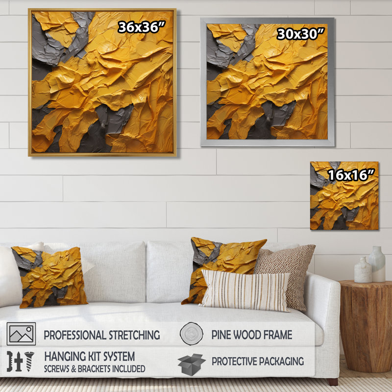 «Vibrant Solstice Mustard Yellow - Abstract», reproduction d'art sur toile encadrée, H 30 po x l 30 po, Cadre flottant noir