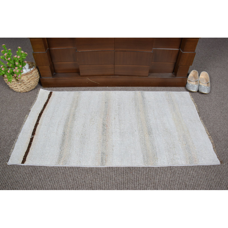 Tapis turc Oushak rétro tissé à la main vintage à rayures beiges, idéal pour décorer un couloir de style bohème