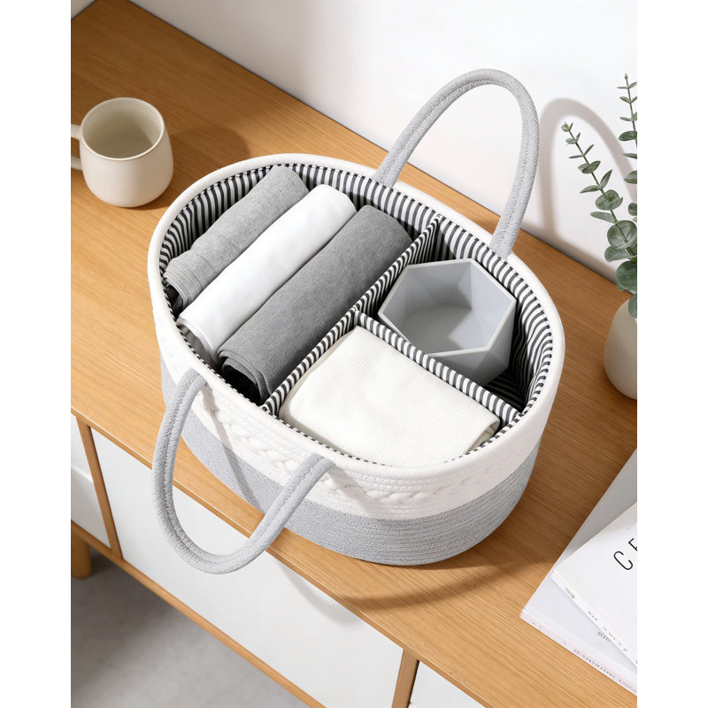 Cotton Organizer, Portable Nursery Storage Basket With Removable Divider For Baby Essentials, Diapers & Wipes, Gray